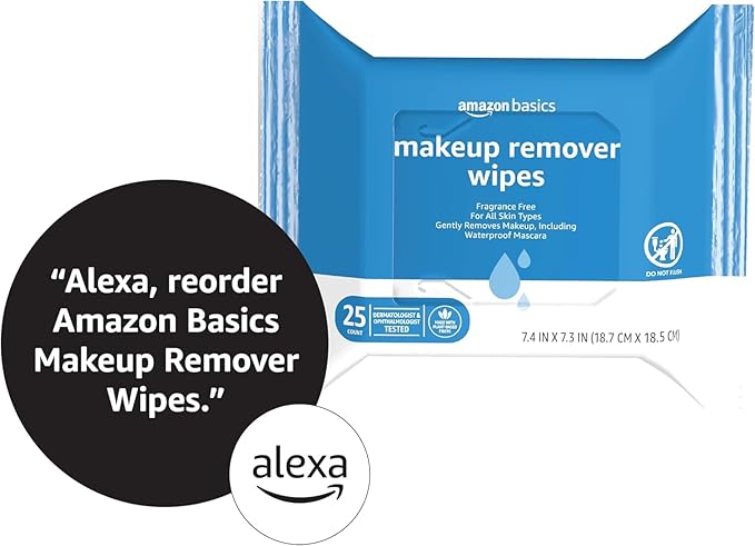 Amazon Basics Makeup Remover Wipes, Fragrance-Free, Alcohol-Free, Gentle Cleansing, Plant-Based, Dermatologist Tested, Removes Waterproof Mascara, Resealable, 25 Count, 1-Pack