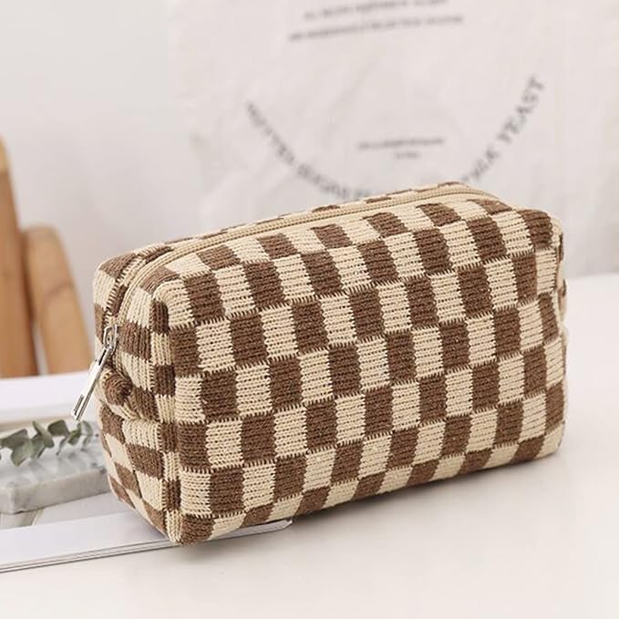 SxoSyo 2 Pcs Cosmetic Bags, Checkered Brown