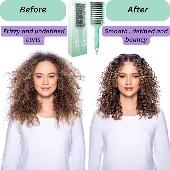Curl Defining Brush with Hair Clips – Detangling Tool for Wet or Dry Styling, Ideal for Curly Hair, Women & Girls (Green)