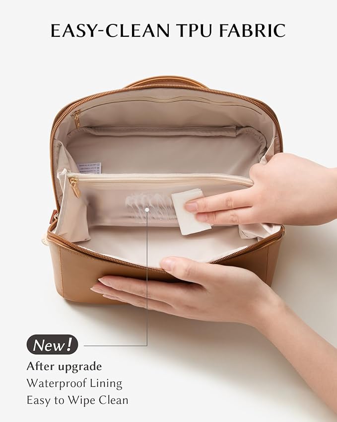 EACHY Travel Makeup Bag, 2.0 Cosmetic Bag for Women, Waterproof PU Leather,Flat Open Portable Toiletry Bag for Skincare, Brushes & Travel Essentials