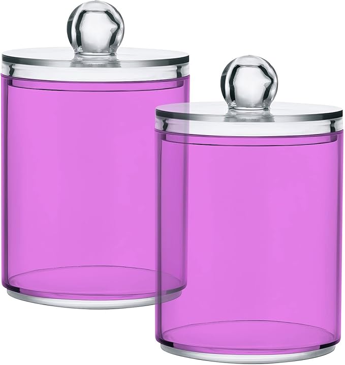 Violet Purple Qtip Holder Organizer Dispenser Cotton Swabs Cans Plastic Jars with Lid Set 4 Pack Bathroom Storage Canister for Cotton Ball Floss Cotton Pads