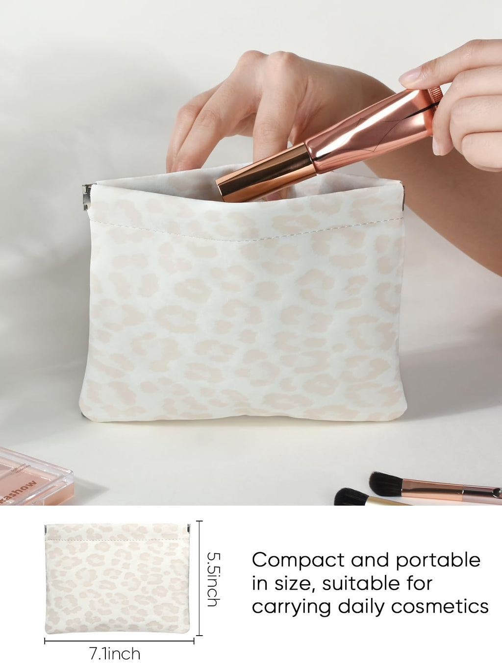 Ksriylm Leopard Leather Small Makeup Pouch for Women,Cosmetic Accessories,Waterproof and Portable Cosmetic Bag,Self-closing, No Zipper, Aesthetic Storage Pouch,Lipstick for Purse,Light Yellow