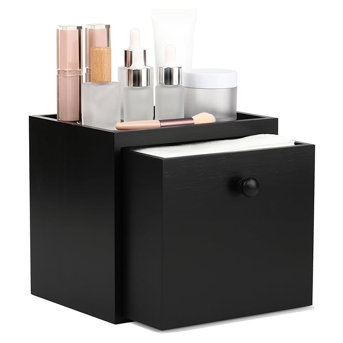 Disposable Face Towel with Bamboo Drawer Storage Box - Face Towelettes Disposable XL, Facial Towels Makeup Organizer for Clean Face Towels, Makeup Remover Washcloths 50 Ct-Black Box