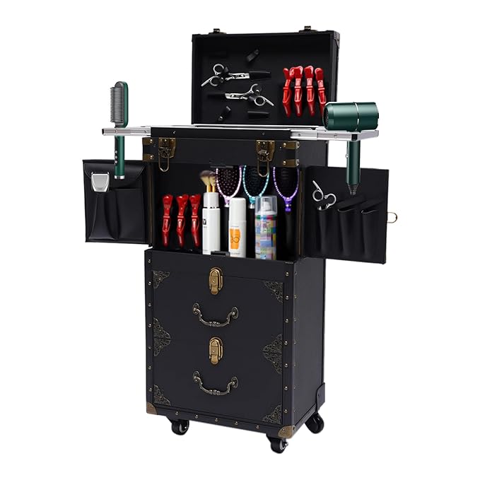 CNCEST Beauty Salon Luggage,Rolling Lockable Makeup Train Case Hairdressing Trolley Stylist Beauty Salon Cosmetic Luggage Travel Organizer Tool Box with Hair Dryer Holder Retro Black