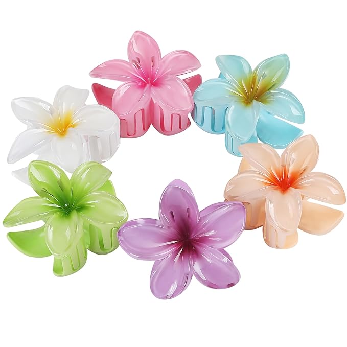 Sisiaipu Flower Hair Clips for Women 6 Pcs Hawaiian Large Claw Clips Plumeria Medium Hair Claw Clips for Thick Thin Hair Hibiscus Tropical Beach Hair Accessories for Women Girls and Girls (PS)