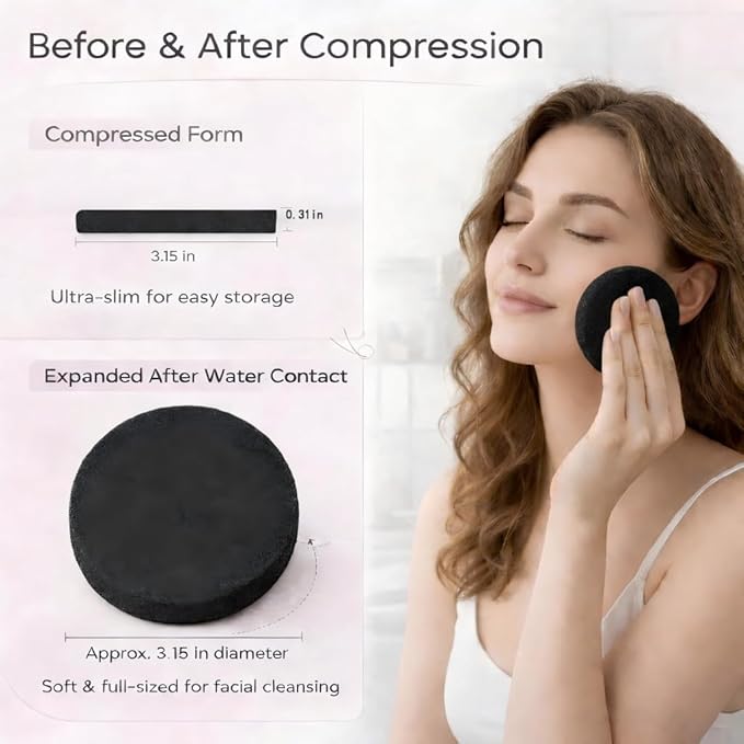 KarsJeGu 120 PCS Compressed Facial Sponges, Natural Cellulose Face Cleaning Pads, Professional Spa-Grade Makeup Remover Sponges for Daily Cleansing,Compact Travel-Friendly Skincare Essentials (black)