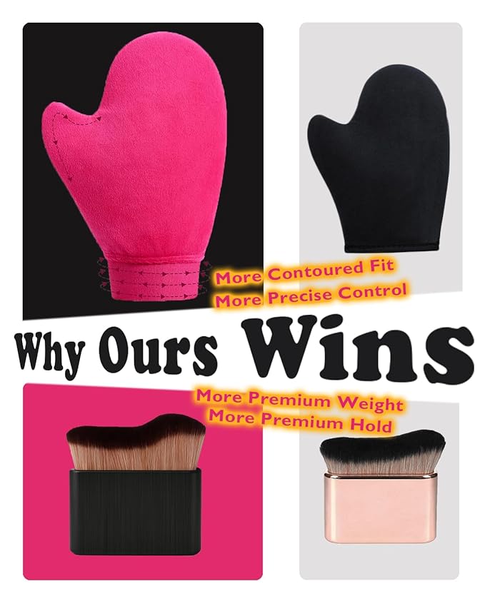 2 in 1 Professional Self Tanning Mitt Kit - Luxury Self Tanner Mitt, Self Tan Mitt And Brush Tanning Glove Kabuki Body Brush For Streak-Free Lotion, Sunless Spray Tan On Face And Body Rose Pink