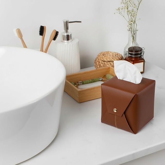 Frayot 2 Pack Tissue Box Cover Square, Faux Leather Tissue Holder Organizer with Side Openings for Bathroom, Vanity, Tabletop, Office (Brown)