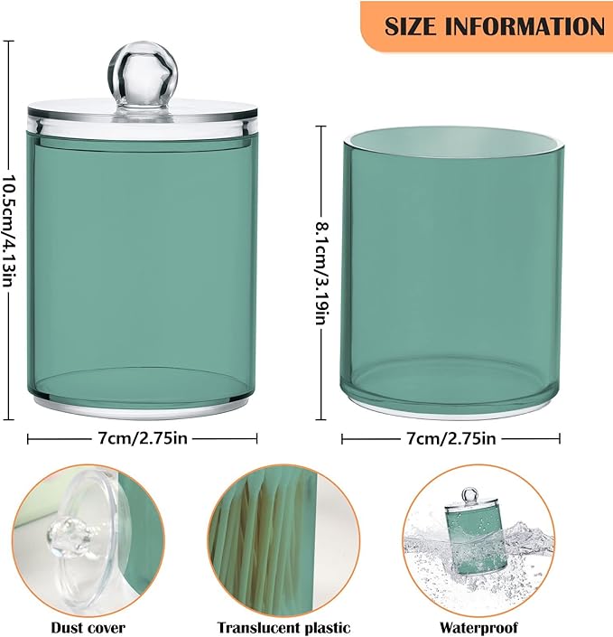 Teal Green Retro Qtip Holder Organizer Dispenser Cotton Swabs Cans Plastic Jars with Lid Set 2 Pack Bathroom Storage Canister for Cotton Ball Floss Cotton Pads