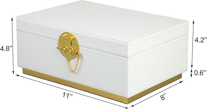 HofferRuffer Elegant Faux Leather Decorative Box, Storage Jewelry Box Organizer, Large Dresser Cosmetic Organizer Holder, Classic Jewelry Accessory Organizer, 11x8x4.8 inches (White)