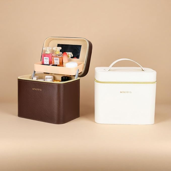 Sluxa Luxury Fashion makeup box, Portable leather hard cosmetic case with mirror, Sturdy train case make up box for women adults. (Double-white)