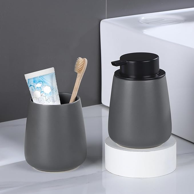 12Oz Hand Soap Dispenser Set - 2 Pack Ceramic Lotion Soap Dispenser Set with Easy-to-Press Black Pump, Refillable Mordern Liquid Dish Soap Dispensers for Bathroom & Kitchen (Grey, Liquid Pump)