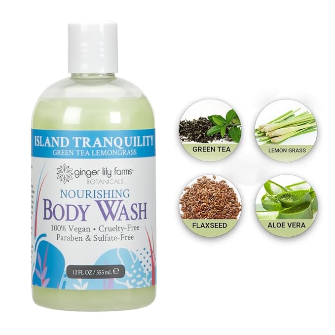 Ginger Lily Farms Botanicals Nourishing Body Wash, Island Tranquility, 100% Vegan & Cruelty-Free, Green Tea & Lemongrass Scent, 12 Fl Oz (Pack of 6)