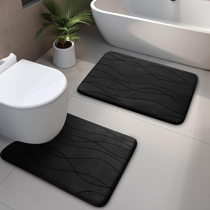 YIHOUSE Bathroom Rugs Set 2 Piece, Memory Foam Bath Mat Black