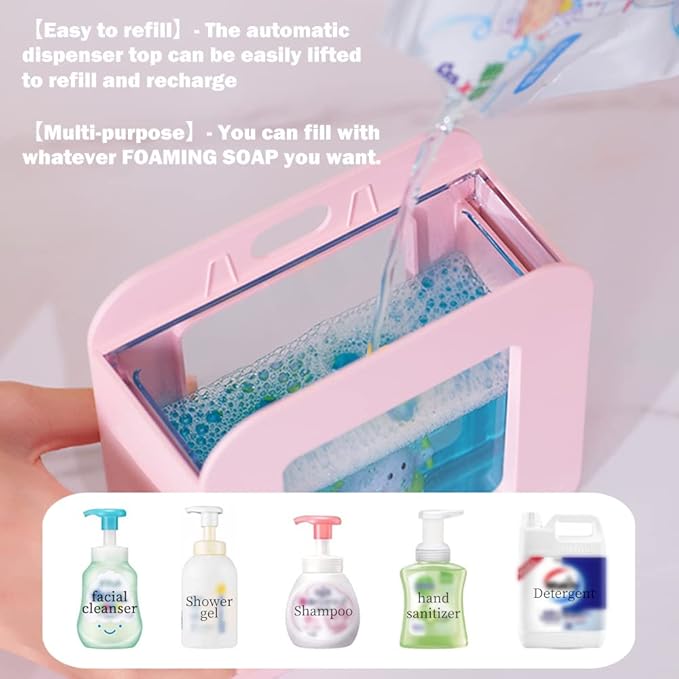 Cute Automatic Soap Dispenser - Kids Touchless Pink Hand Soap Dispenser,Wall Mount Waterproof USB Rechargeable, 13.5oz/ 400ml for Bathroom Countertop, Kitchen, Office, Hotel, Preschool Children