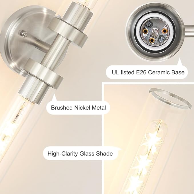 Brushed Nickel Wall Sconces Set of 2, Modern Bathroom Vanity Lights for Mirror, Hardwired Glass Wall Light Fixtures with E26 Base (Bulbs Required) for Bathroom, Bedroom, Hallway, 22.05 Inch