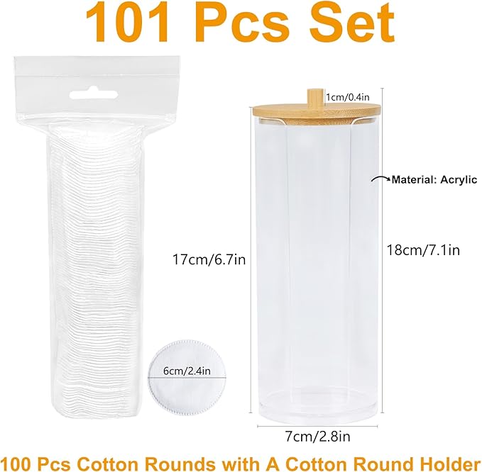 Eyxformula Cotton Round Holder & Pad Dispenser | Clear Acrylic Makeup Remover Pads Container with Bamboo Lid - Hygienic Bathroom Vanity Storage Organizer | Includes 100 PCS Soft Cotton Rounds