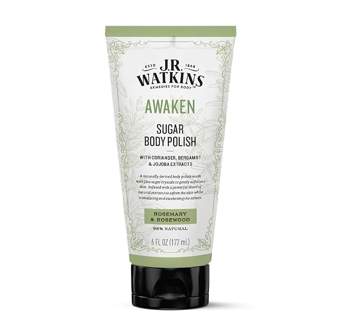 J.R. Watkins Awaken Sugar Body Polish, Rosemary & Rosewood Natural Body Scrub Cleanses, Softens & Stimulates Senses, 6 oz