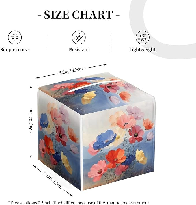 Floral Tissue Box Cover Leather Tissue Box Holder Square Facial Paper Organizer Dispenser for Bathroom Kitchen Bedroom Vanity Countertop Night Stands