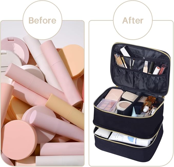 TANPADUAJI Double Layer Makeup Bag Portable Large Cosmetic Case Organizer with Adjustable Dividers Storage Travel Bag for Accessories Brushes Conditioner and Skin Care Products (Black)