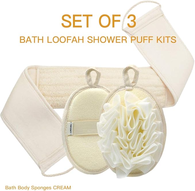 CROVIN Mesh Pouf Body Sponge Set - Redesign Bath Loofahs Shower Puffs 2 Pack & Exfoliating Natural Loofah Back Scrubber. How to - Great Gift for A Glowing Skin & Healthy Body