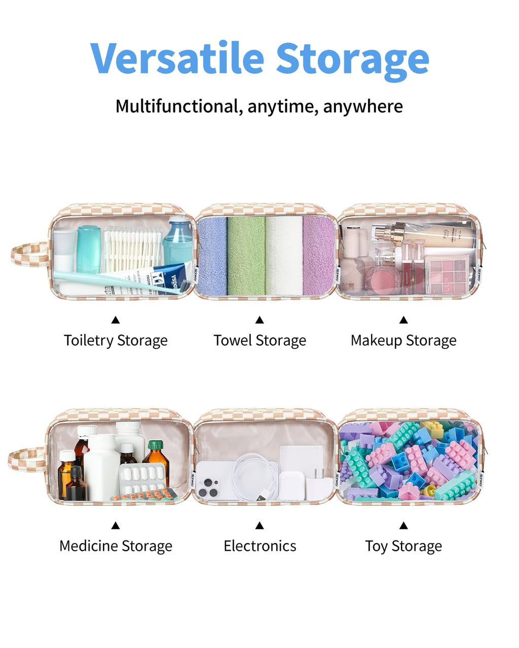 Narwey Clear Toiletry Bags for Traveling Women Men, Clear Travel Bags for Toiletries Makeup Bag Cosmetic Bag with Zipper, Make Up Organizer, Skincare Bag (Light Brown Checkerboard)