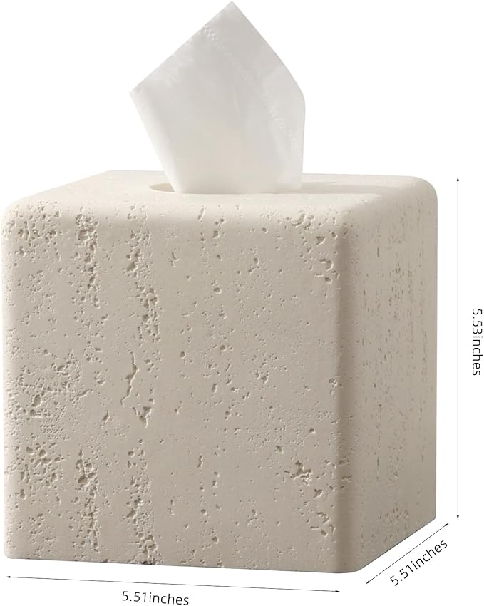 Haocoott Tissue Box Cover Square, Resin Facial Tissue Holder Covers Toilet Paper Holder Decorative Travertine Paper Dispenser Home Decor for Bathroom Bedroom Living Room Office (Off White)