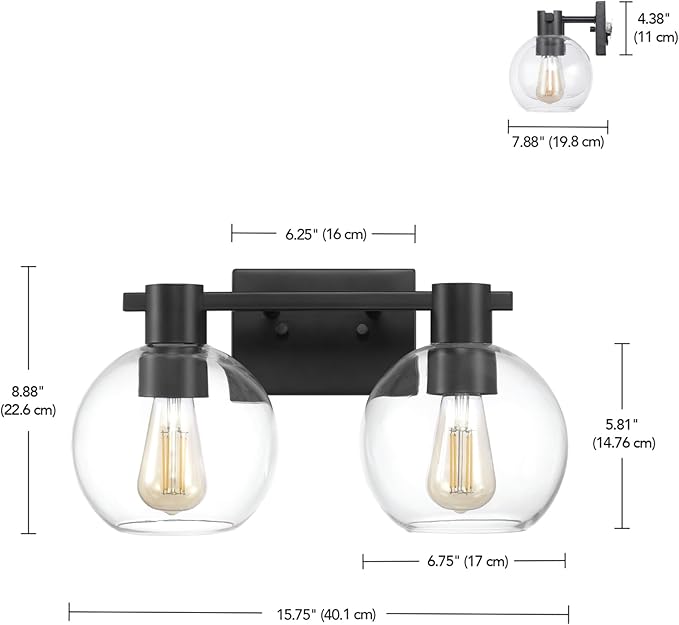 GLOBE Electric 63000057 3-Piece All-in-One Bathroom Set, Matte Black, 15" 2-Light Vanity Light, Clear Glass Shades, Toilet Paper Holder, Towel Ring, Bathroom Lights Over Mirror, Powder Room Lighting