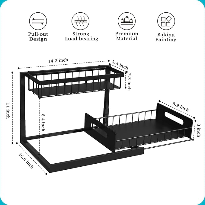 REALINN Under Sink Organizer, Pull Out Cabinet Organizer, 2 Tier Metal Slide Out Shelf with L Shaped Design for Kitchen, Bathroom, Laundry, and Utility Cabinet Storage for Deep Cabinets, Black, 1 Pack