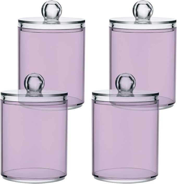 Thistle Purple Qtip Holder Organizer Dispenser Cotton Swabs Cans Plastic Jars with Lid Set 4 Pack Bathroom Storage Canister for Cotton Ball Floss Cotton Pads