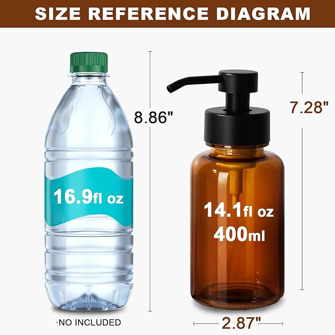 RACOBOT Amber Foam Soap Dispenser, 14.1 oz/400ml Foaming Hand Soap Dispenser, 2 Pack Glass Foaming Dispenser for Bathroom & Kitchen, Refillable Liquid Dispenser Bottle with Waterproof Labels