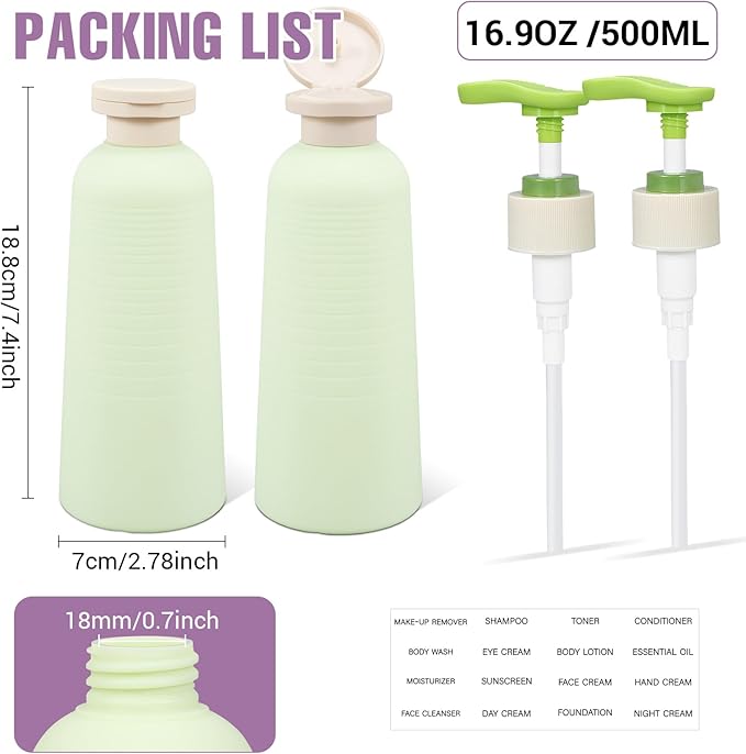 UMETASS 16.9oz Travel Shampoo Bottle with Flip Cap, Refillable Plastic Pump Bottles Dispenser for Soap, Shampoo, Lotions, Liquid Body Wash, Creams and Massage Oil (2Pack, 16.9oz/500ml)