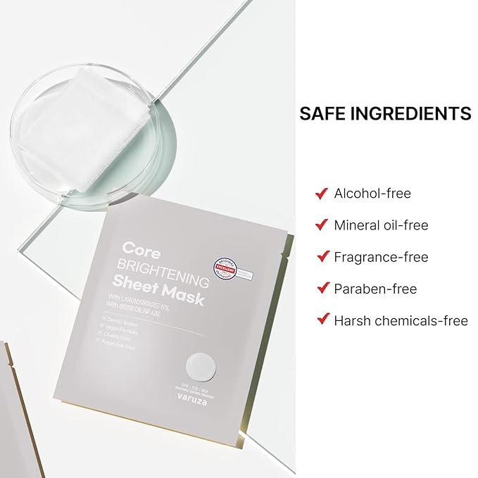 varuza Core Nourishing Sheet Masks with Niacinamide Serum 5% for Dry Skin Tranexamic Acid, Rice Face Mask for Glass Skin Care, Moisturizing Glowing & Anti-Aging, Cruelty Free, Fragrance Free 10 Count