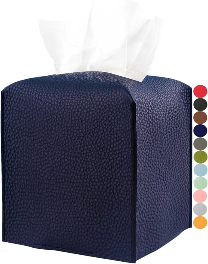 Tissue Box Cover Square Leather – Tissue Box Holder with Bottom Belt [JESMINI, Navy Blue] Decorative Cube Tissue Holder for Bathroom