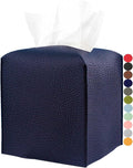 Tissue Box Cover Square Leather – Tissue Box Holder with Bottom Belt [JESMINI, Navy Blue] Decorative Cube Tissue Holder for Bathroom