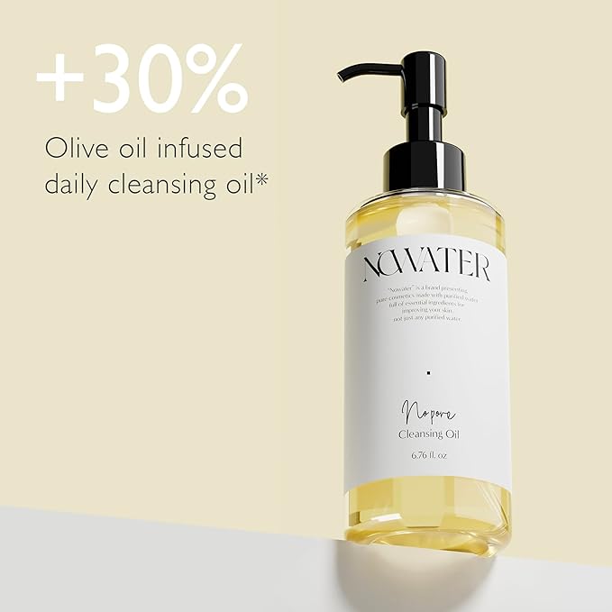 NOWATER Korean Cleansing Oil for Double Cleansing – Makeup Remover & Pore Cleanser with 30% Olive Oil, Tea Tree, Squalane, Blackhead Dissolving Facial Oil for All Skin Types, (6.76 fl.oz)