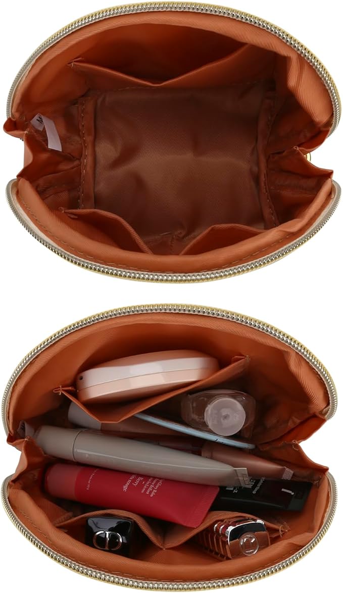 JINSI Small Makeup Bag Travel Cosmetic Bag Toiletry Zipper Pouch Make Up Organizer Bag with Handle Purse for Women Soft PU Leather Skincare Case (S01-Beige)