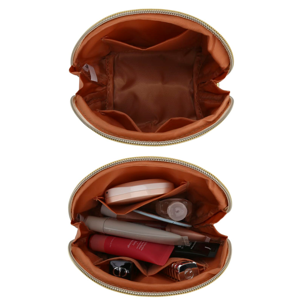 JINSI Small Makeup Bag Travel Cosmetic Bag Toiletry Zipper Pouch Make Up Organizer Bag with Handle Purse for Women Soft PU Leather Skincare Case (S01-Beige)