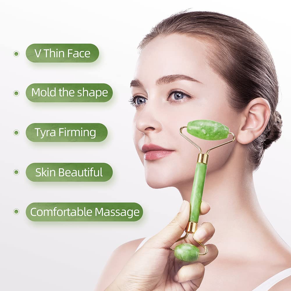 AECW 3-in-1 Natural Jade Roller and Gua Sha Set for Face and Eye Ice Roller Facial Cooling Massage Roller (White Ice Roller + Jade Roller + Gua Sha)