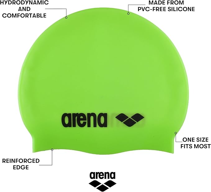 Arena Classic Unisex Soft Silicone Swim Cap for Women and Men, Intensive Training and Racing Comfortable Non-Slip Long Hair Swimming Hat, Acid Lime/Silver