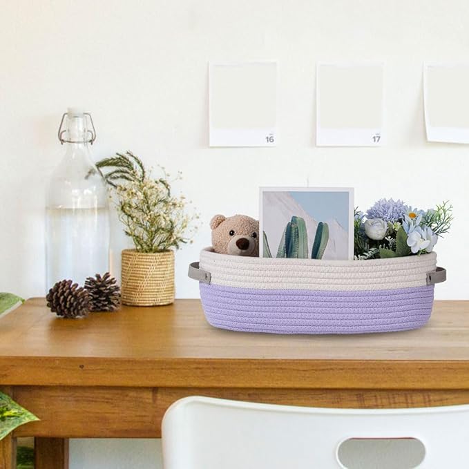 Oradrem Cotton Rope Woven Basket Toilet Paper Baskets for Organizing Decorative Basket for Boho Decor Small Storage Basket Gift Baskets 13"x5.9"x4" Purple