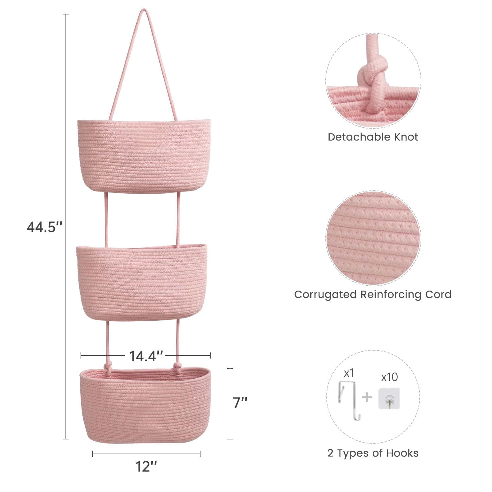 TeoKJ Over the Door Hanging Basket, 3-Tier Woven Cotton Wall-Mounted Storage Organizer Bag Decorative Hanging Nursery Baskets, Pink