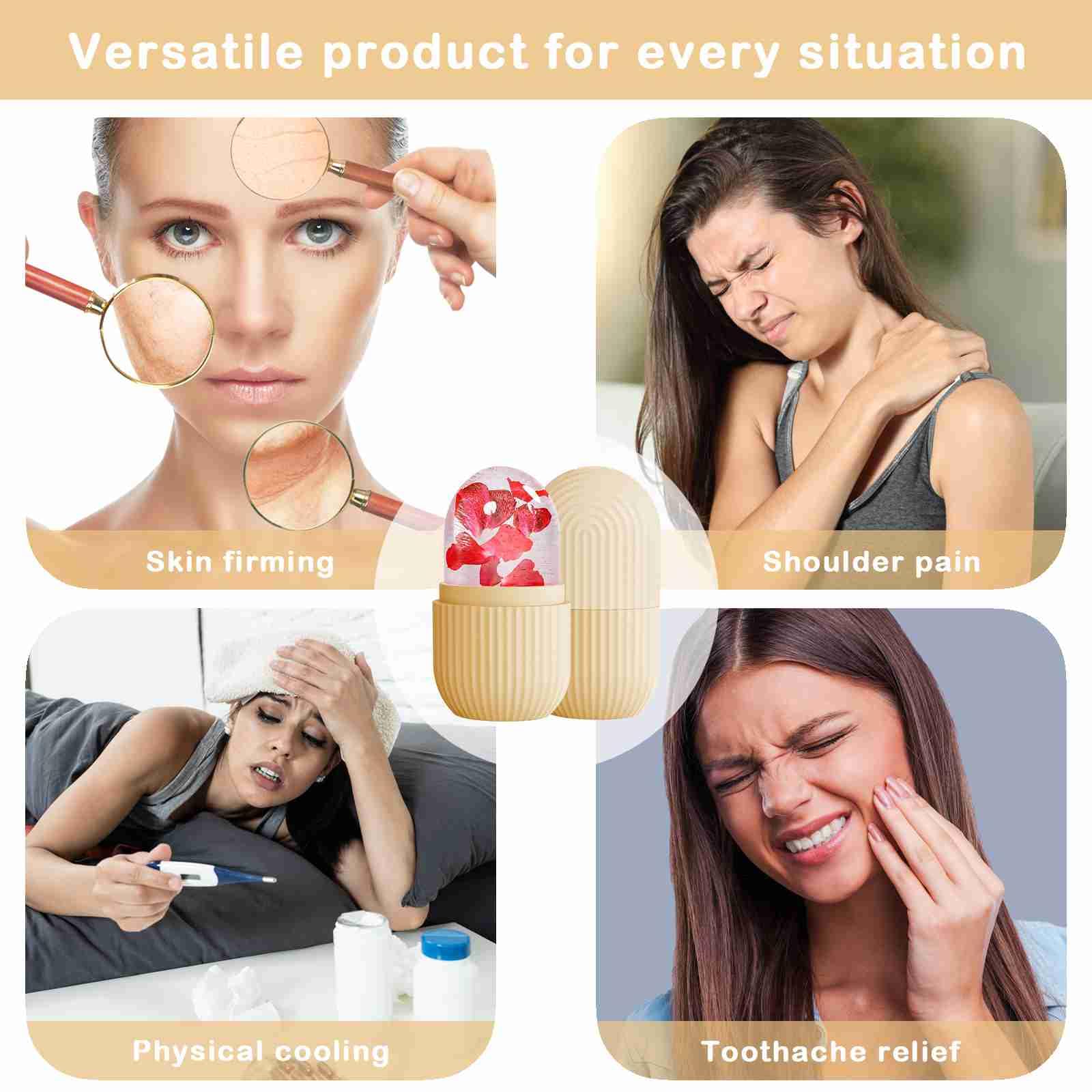 XHJRI Ice Face Roller Massager,Ice Cube Roller for Face, Eyes and Neck Naturally Conditioning and Skin Care,De-Puff Eye Bags,Reduce Migraine Pain,Reusable Massage Silicone Ice Mold (Beige)