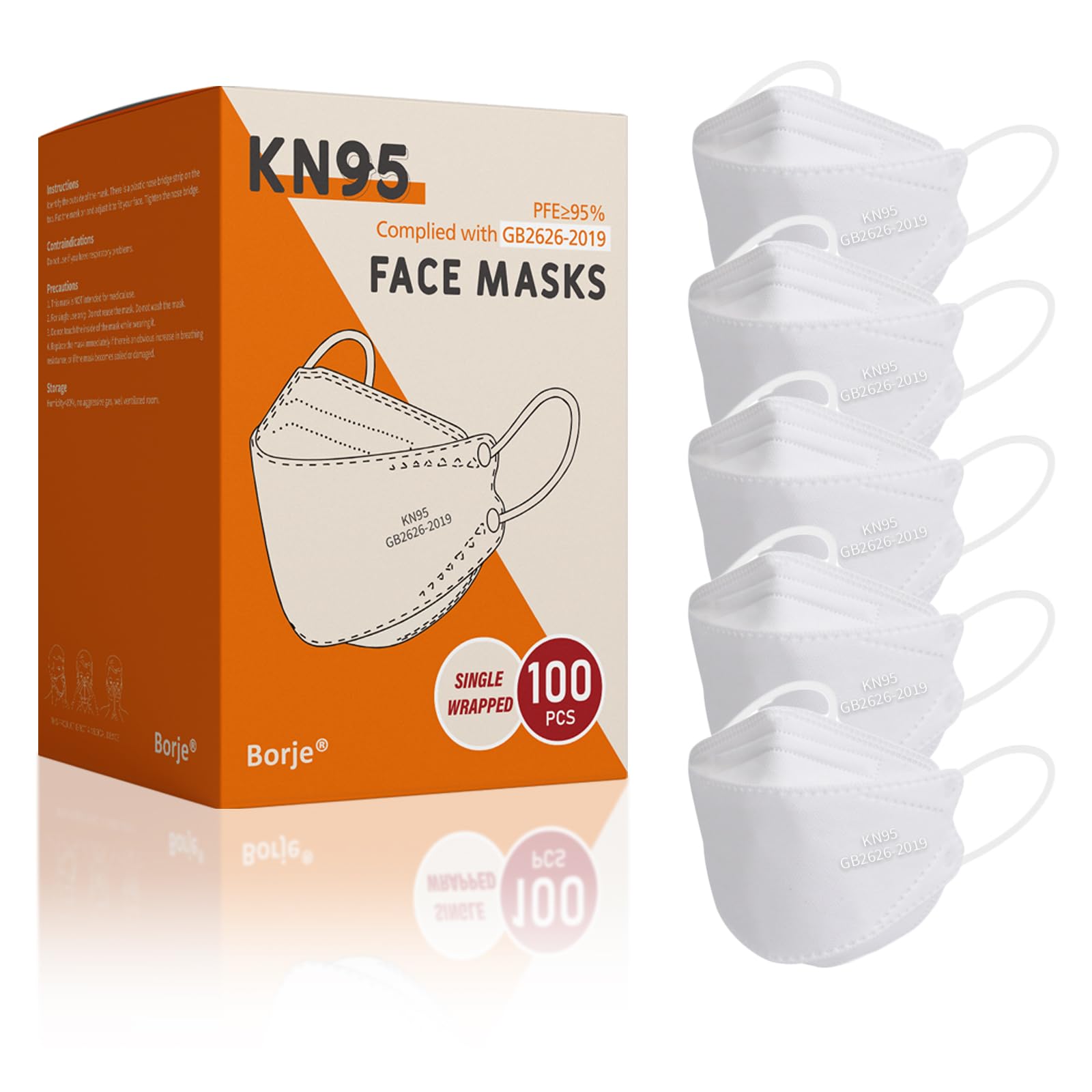 Borje KN95 Face Masks, 100 Pcs Disposable Face Masks, White Mask Against PM2.5 from Fire Smoke & Dust Filter Efficiency 95%