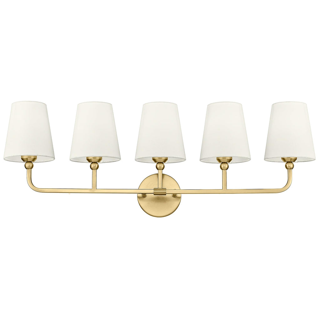 METWET 5-Light Brushed Gold Bathroom Vanity Light, Beige Fabric Shades