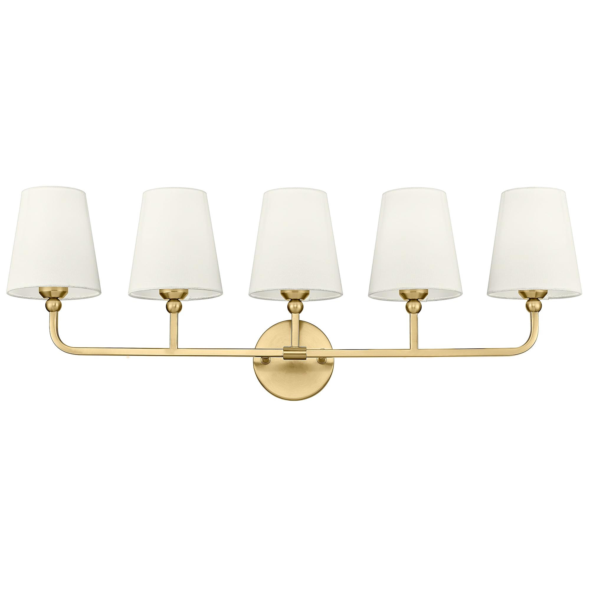 METWET 5-Light Brushed Gold Bathroom Vanity Light, Beige Fabric Shades