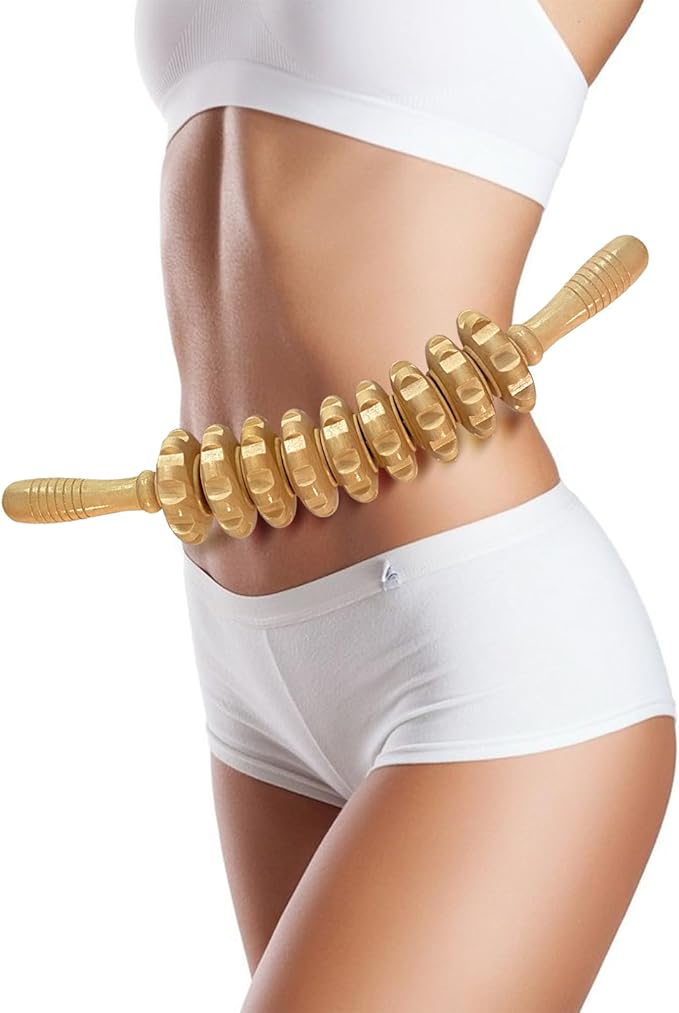 Deston Manual Massage Stick, Curved Wooden Handheld Roller Trigger Point Massager for Fascia, Cellulite, Muscle & Abdomen, Body Therapy Massager, Belly Relief Tool, White