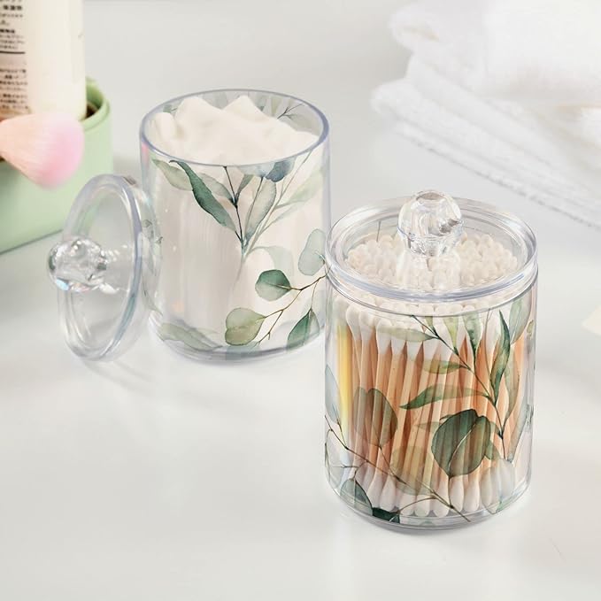 4 Pack Qtip Holder Dispenser Watercolor Green Eucalyptus Leaves Cotton Ball Cotton Swab Round Pads Floss Clear Bathroom Storage Containers Plastic Apothecary Jars with Lids