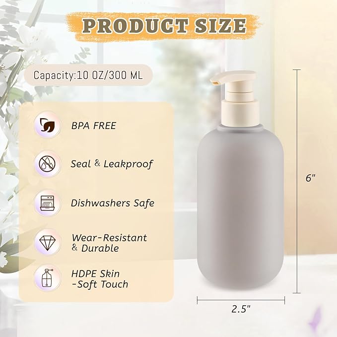 DMuuuDM 6 Pcs 10 oz Soft Plastic Bottles with Press Pump,Empty Refillable Travel Shampoo Dispenser Container for Hand Soap,Shampoo,Lotion,Body Wash,Conditioner,Silicone Funnel Included (Grey)