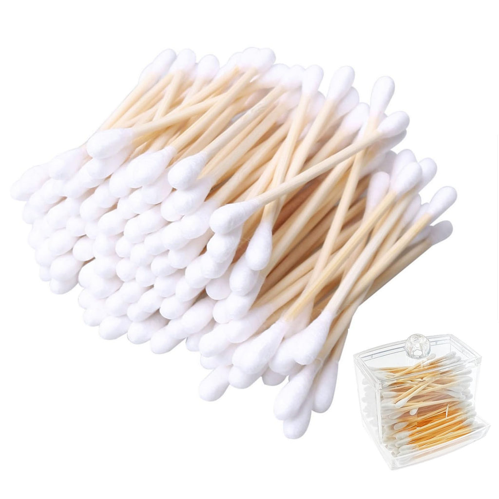 RIKWOG Cotton Swabs, 900 Count Bamboo Sticks Cotton Swabs with a Clear Dispenser Holder Cotton Buds with Wooden Handles For Ears Makeup or Nails Personal Care